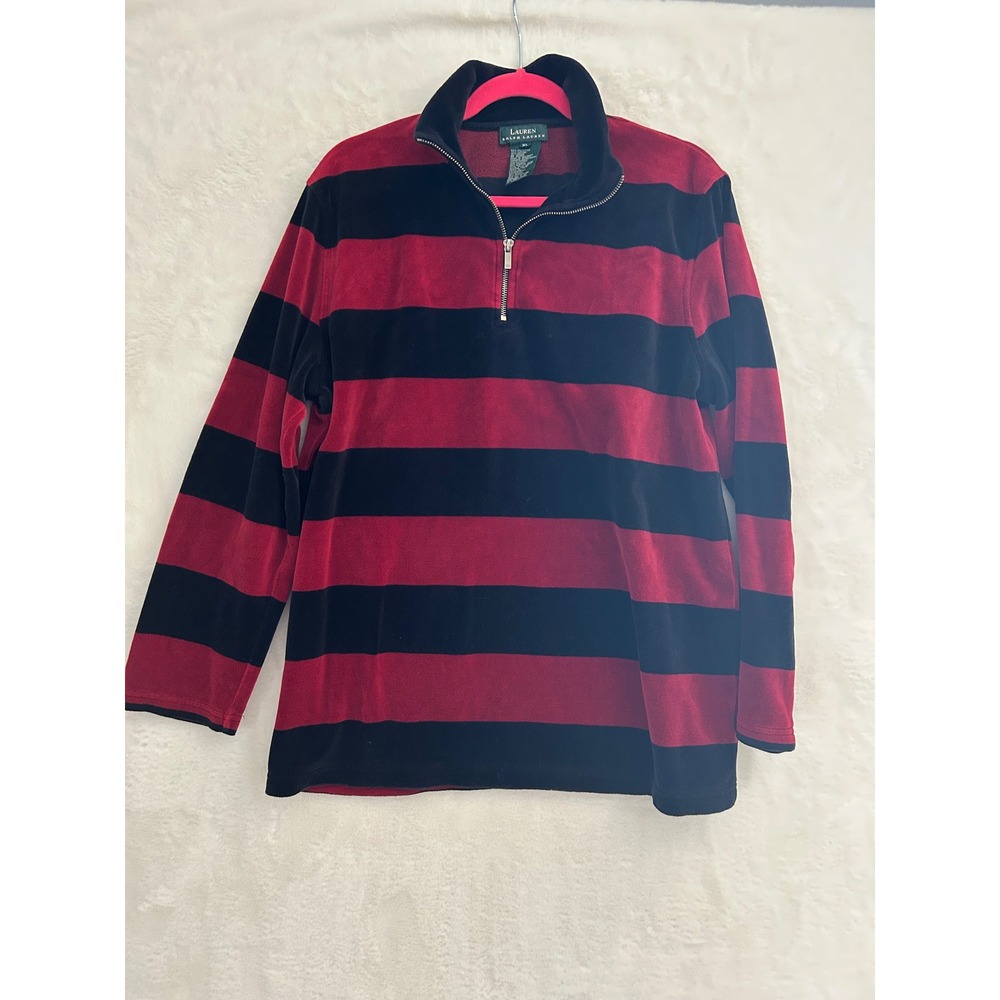 Lauren Ralph‎ Lauren Red Black Striped Velour Quarter Zip Pullover Sweater XL